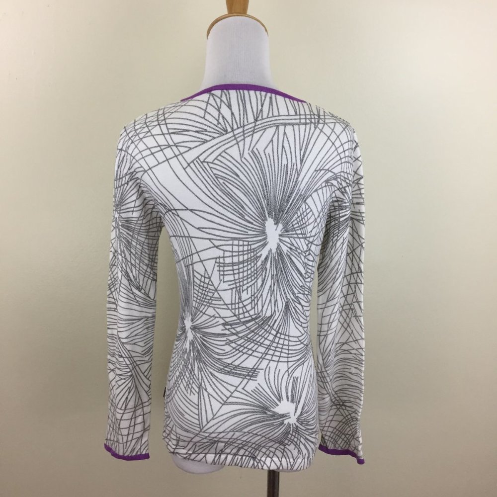 BCBGMAXAZRIA White Black Beads Floral Print Purple Trim Silk Blend Sweater - Picture 5 of 15